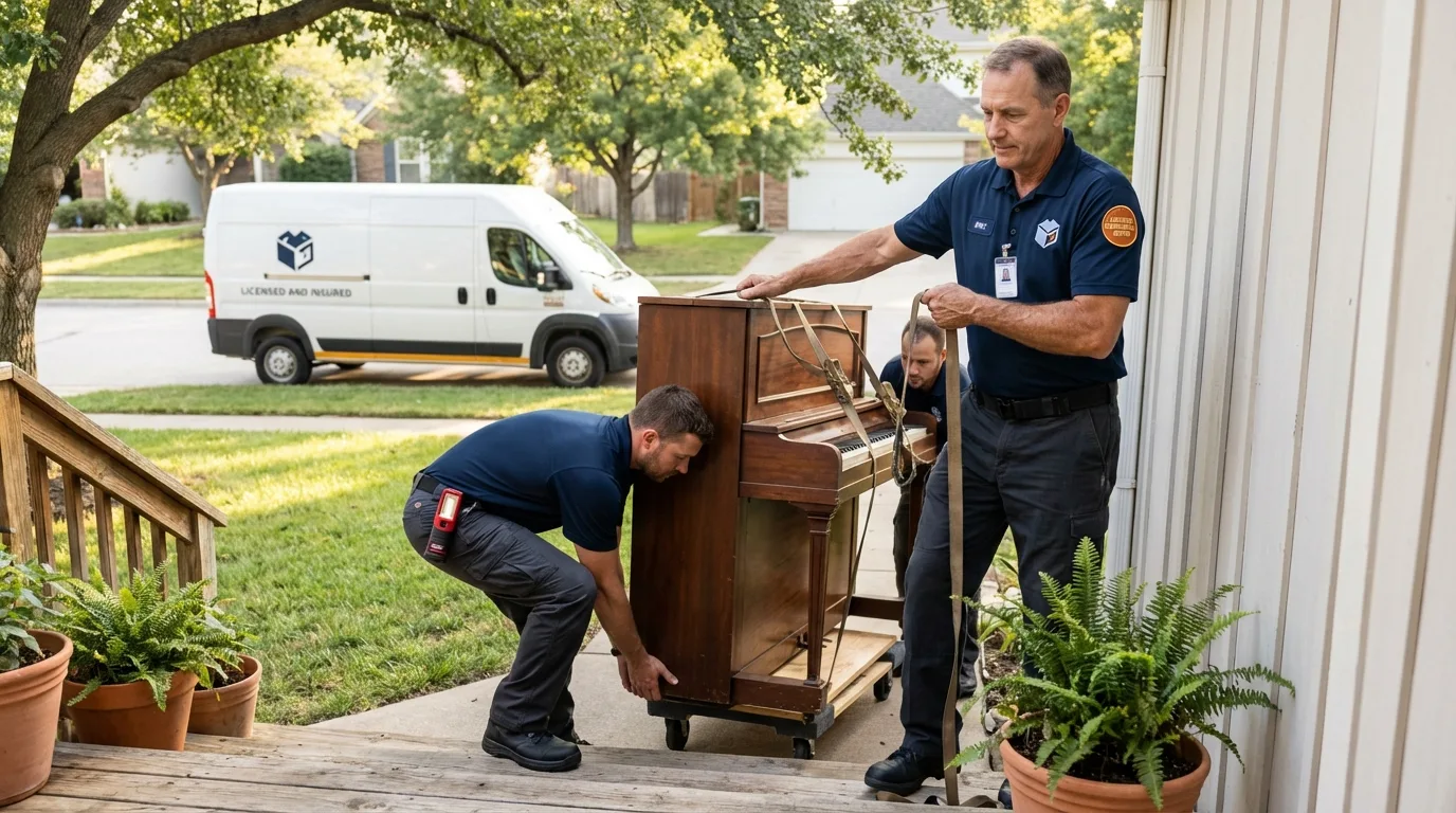 Licensed piano movers securing grand piano in Eastman, GA