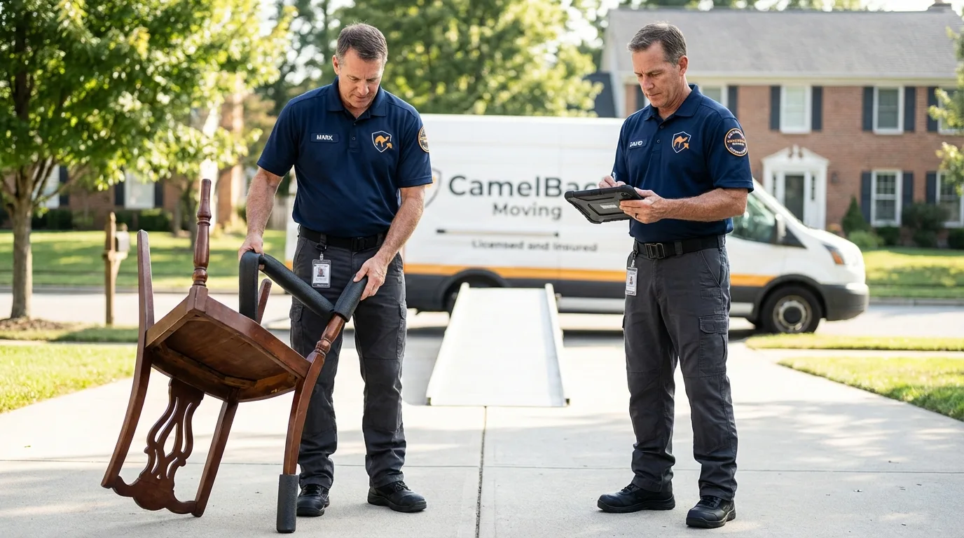 Movers inspecting furniture for damage prevention before loading in Eastman, GA