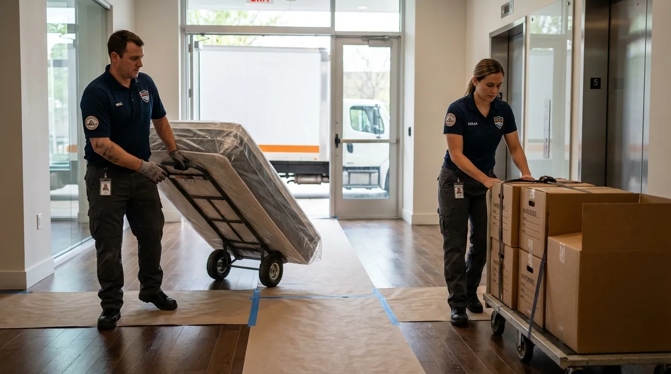 Professional apartment movers loading elevator in Eastman, GA