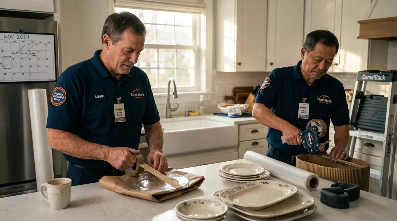 Professional crew packing kitchen dishware in Eastman, GA